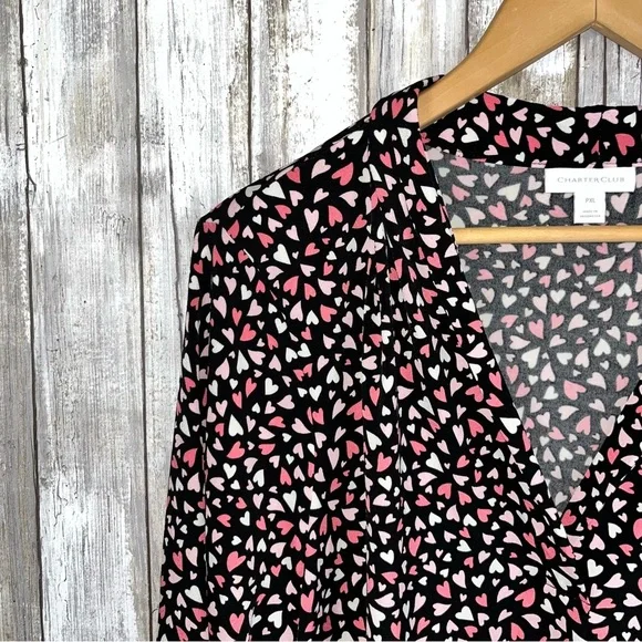 Charter Club Heart Print Blouse XLP Plus Size Black Pink V Neck 3/4 Sleeve Top - Picture 3 of 6